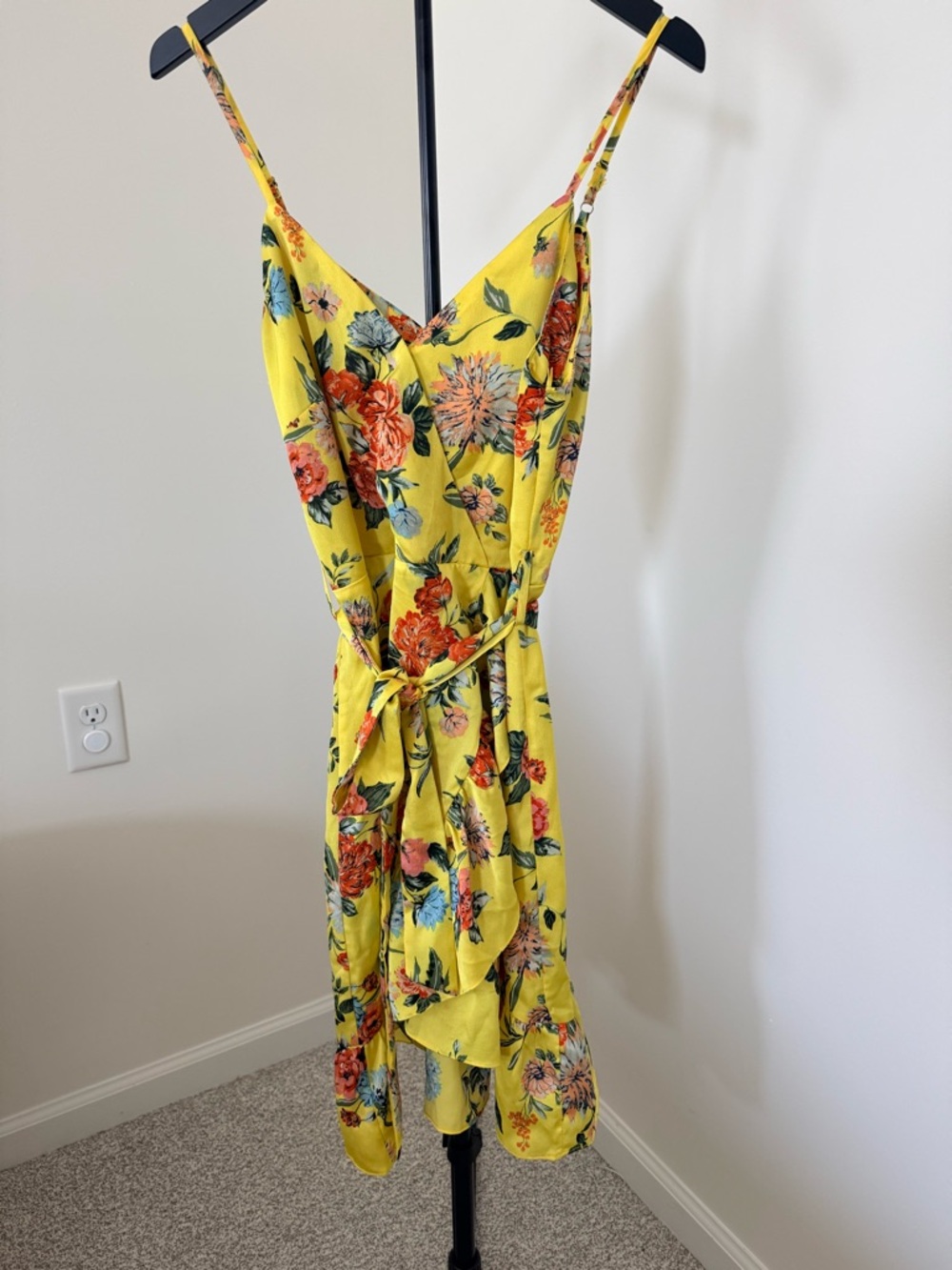 J.O.A. Yellow Floral Wrap-Style Midi Dress from Revolve